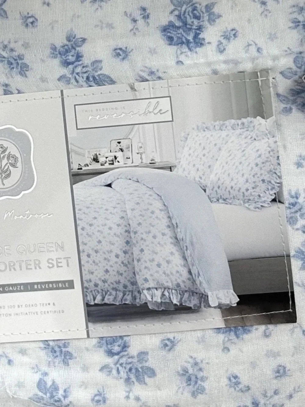 Montrose Studio Floral Blue and White Cotton Gauze Queen Comforter Set 90”x90”